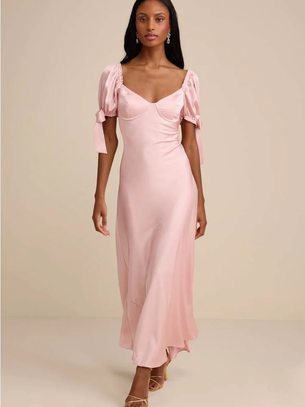 Lulus Santa Marta Blush Pink Satin Puff Sleeve Bow Maxi Dress Size S NWT